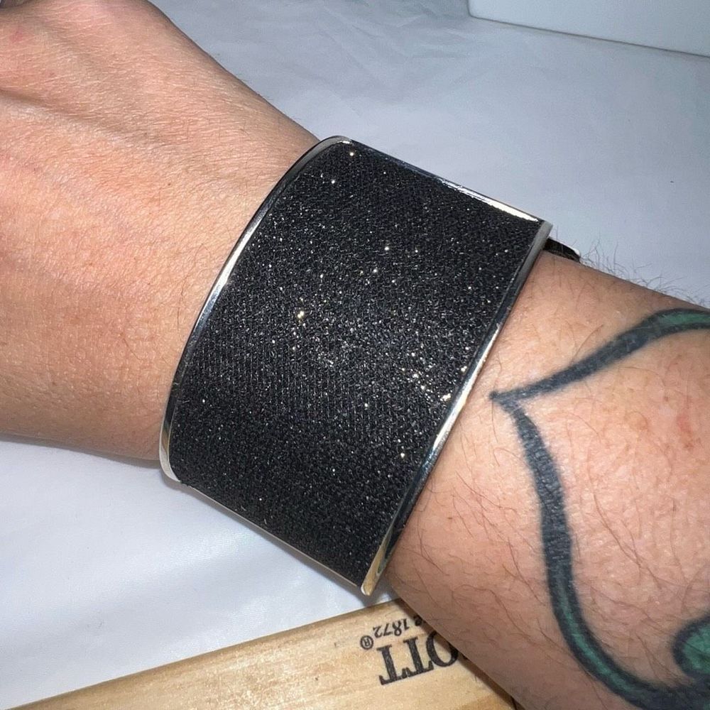 G by Gennaro Black Glitter Silver Tone Wide Spring Cuff Bracelet NWT